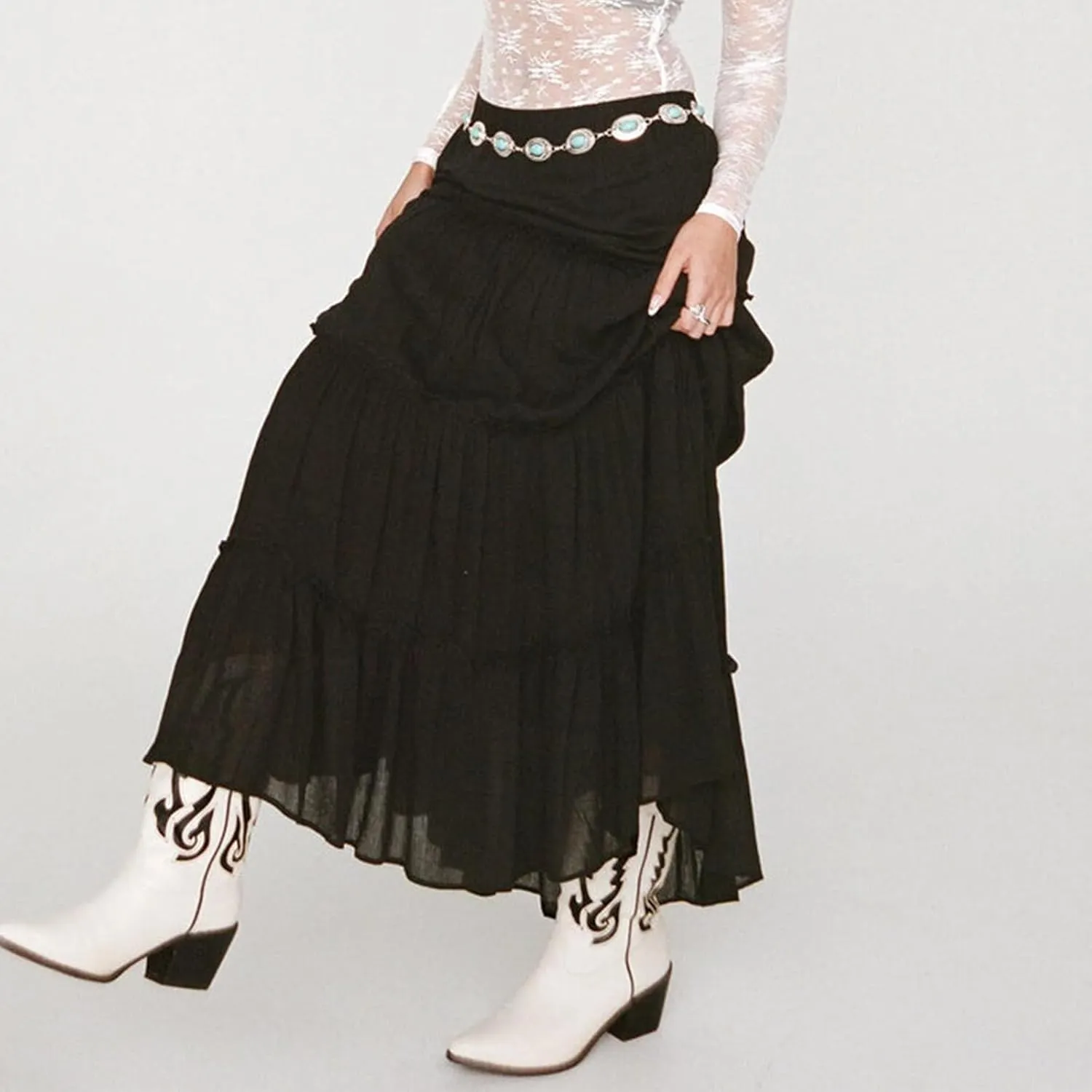 Women's Long Maxi Skirts Elastic High Waist Tiered Flowy Long Skirt Pleated Swing A-Line Maxi Summer Beach Skirt