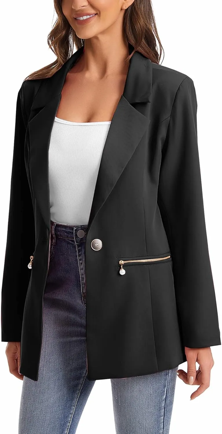 Women's Long Sleeve Open Front Blazer with Zipper Pockets