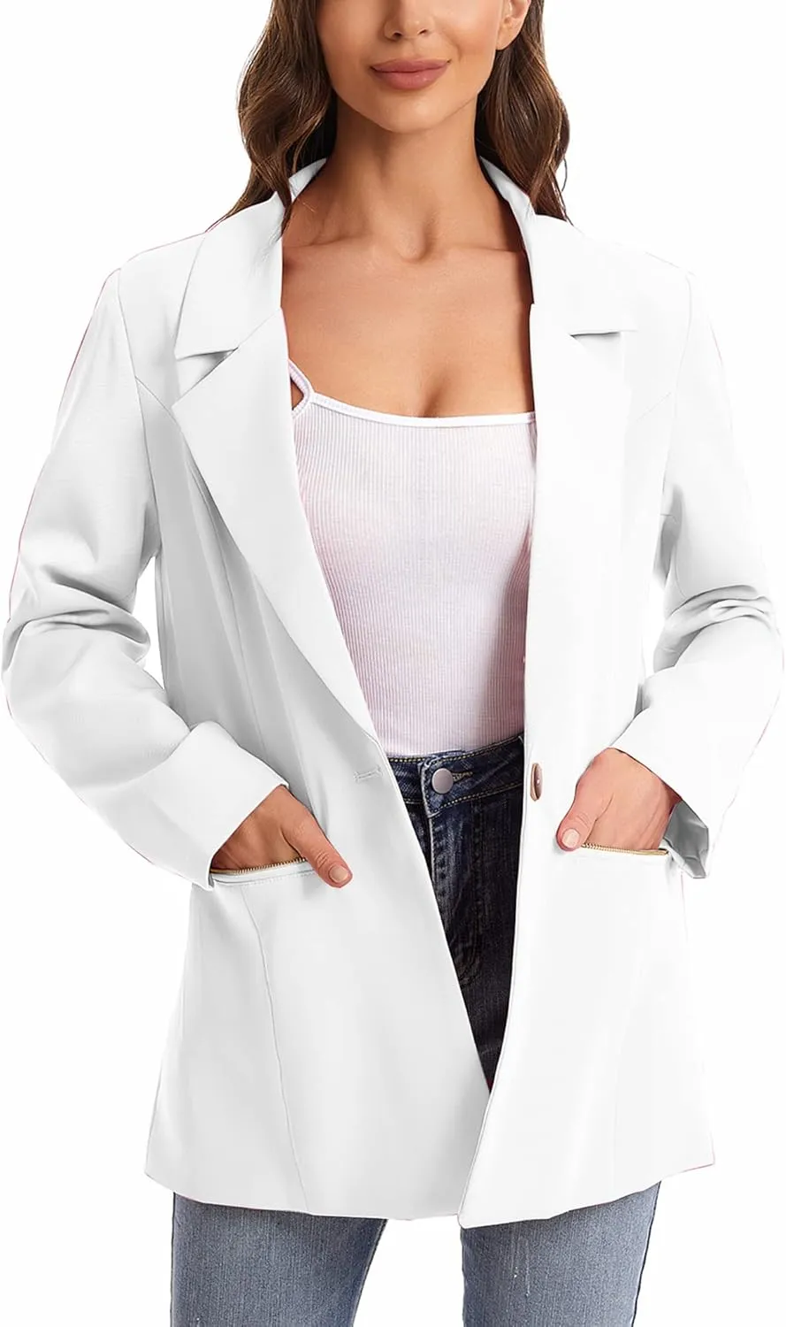 Women's Long Sleeve Open Front Blazer with Zipper Pockets