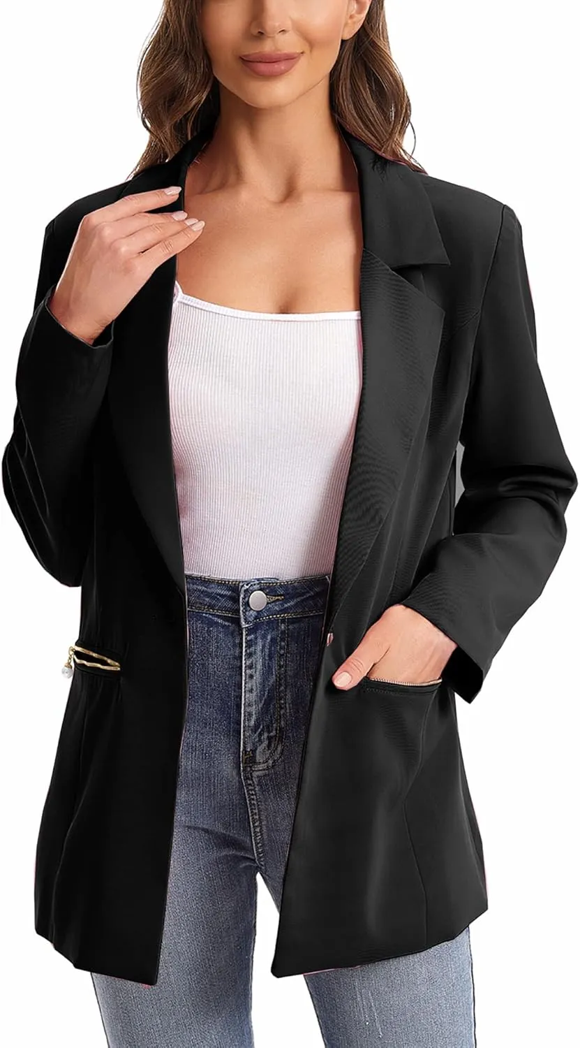 Women's Long Sleeve Open Front Blazer with Zipper Pockets