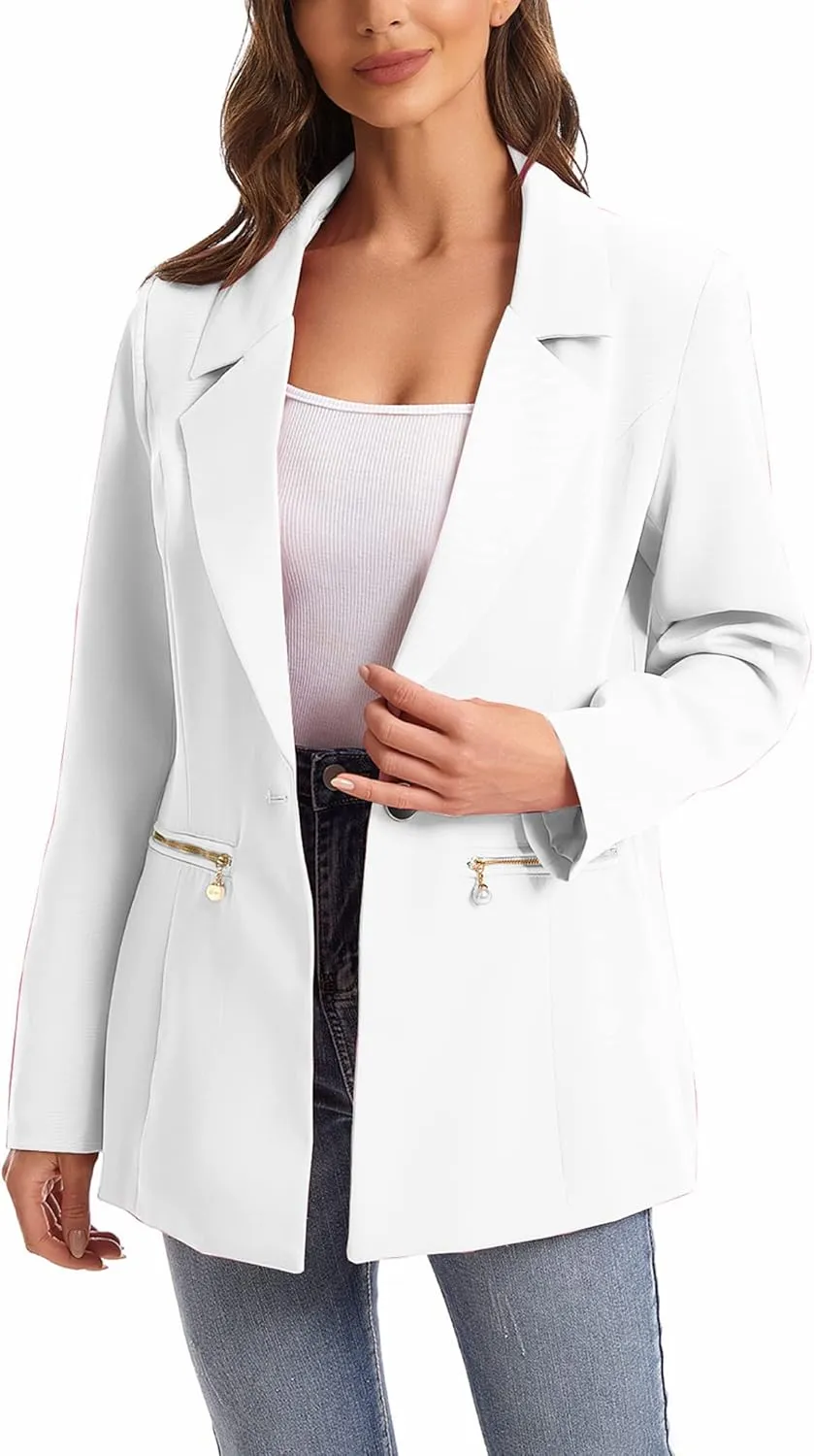 Women's Long Sleeve Open Front Blazer with Zipper Pockets