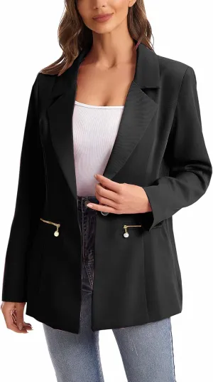 Women's Long Sleeve Open Front Blazer with Zipper Pockets