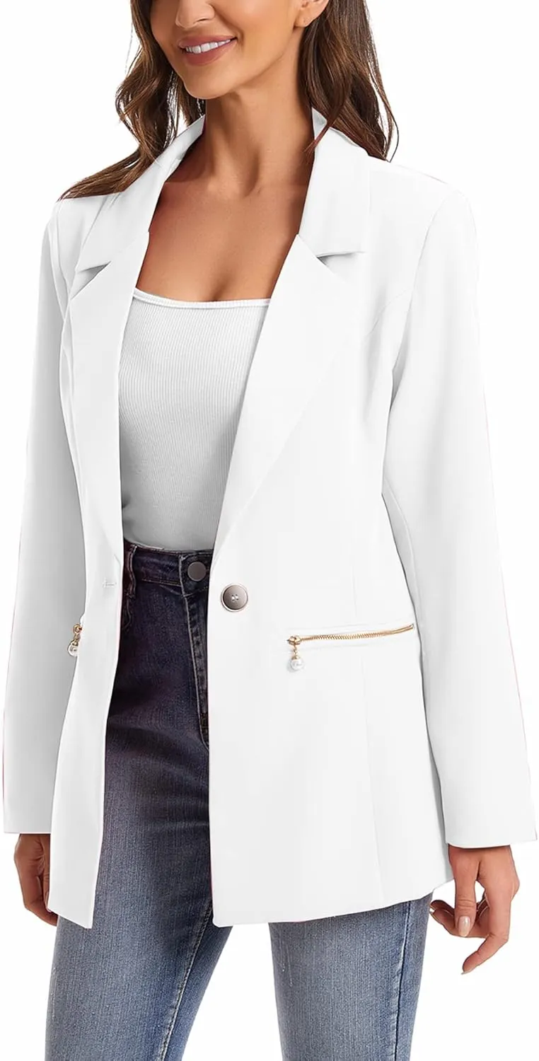 Women's Long Sleeve Open Front Blazer with Zipper Pockets
