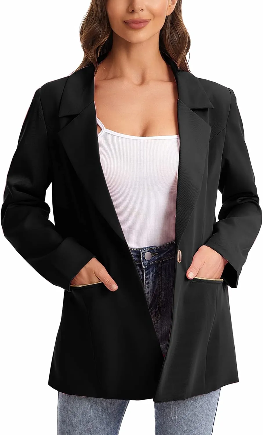 Women's Long Sleeve Open Front Blazer with Zipper Pockets