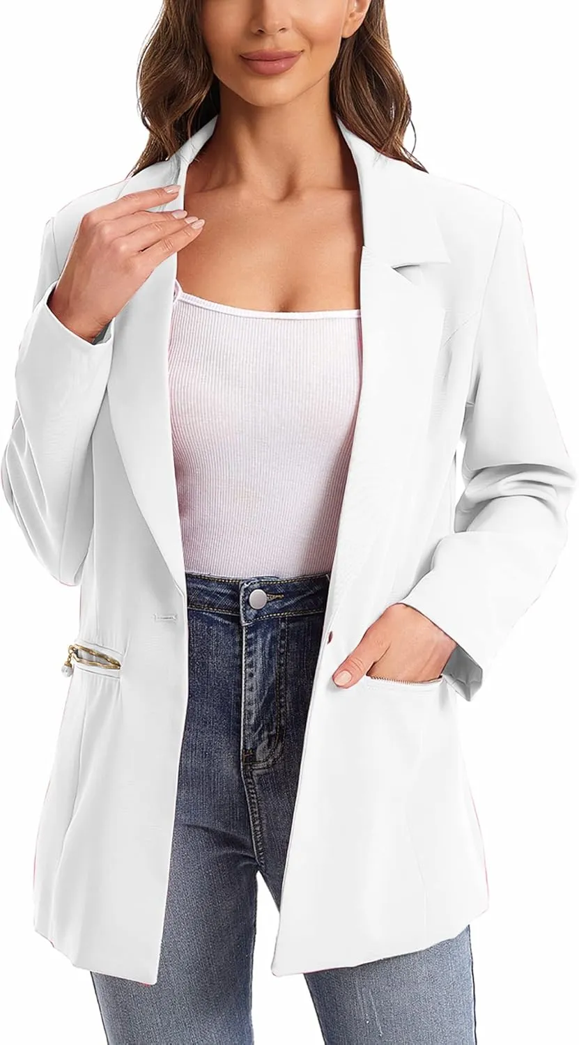 Women's Long Sleeve Open Front Blazer with Zipper Pockets