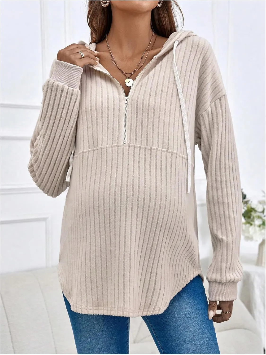 Women's Maternity Sweatshirts Long Sleeve Rib Knit Half Zip Up Hoodies Pullover Tops Fall Clothes