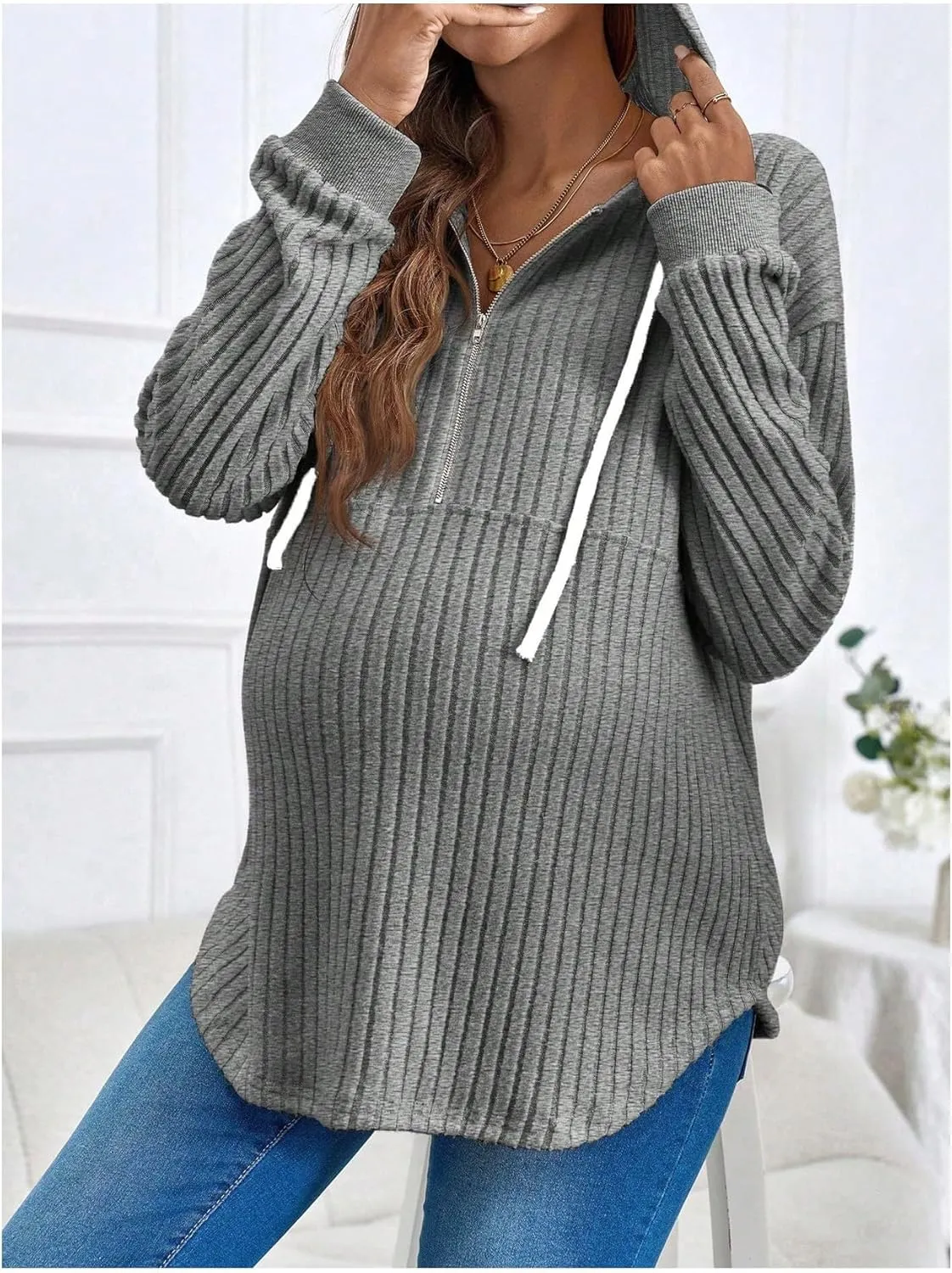 Women's Maternity Sweatshirts Long Sleeve Rib Knit Half Zip Up Hoodies Pullover Tops Fall Clothes