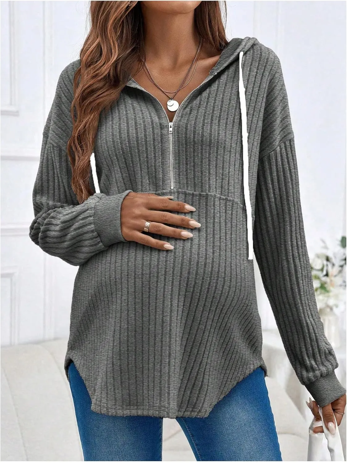 Women's Maternity Sweatshirts Long Sleeve Rib Knit Half Zip Up Hoodies Pullover Tops Fall Clothes