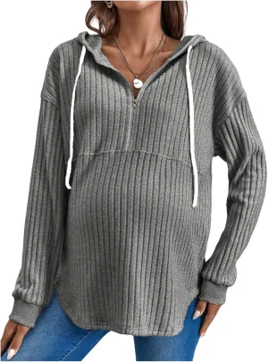 Women's Maternity Sweatshirts Long Sleeve Rib Knit Half Zip Up Hoodies Pullover Tops Fall Clothes