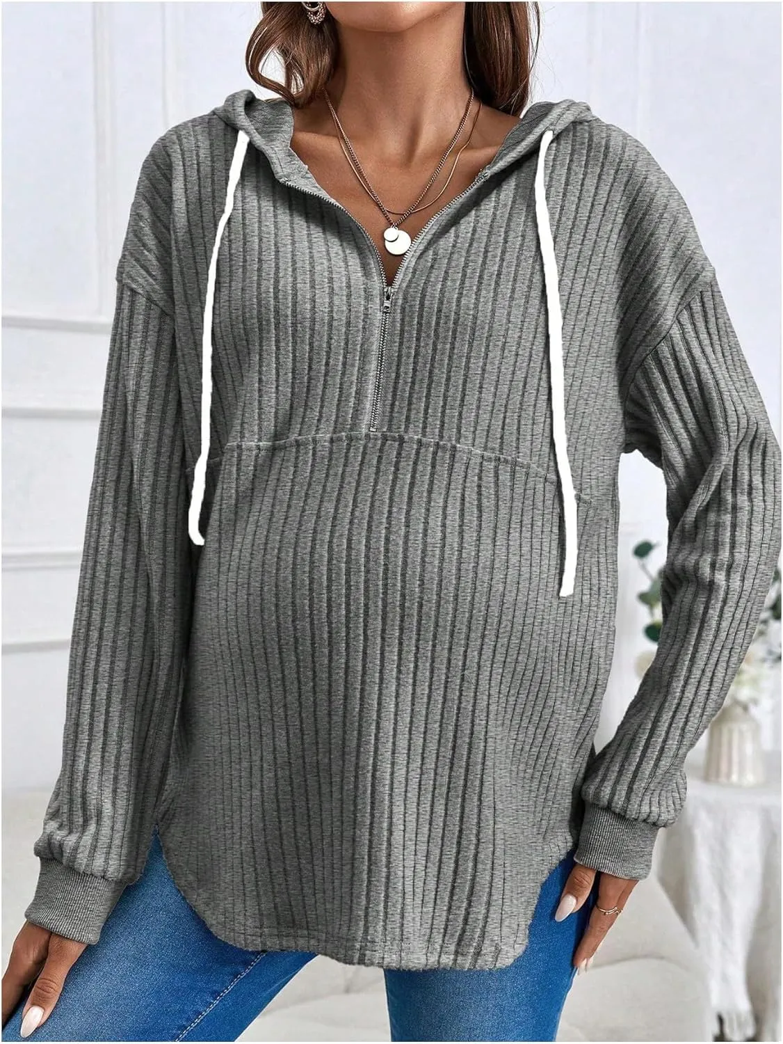 Women's Maternity Sweatshirts Long Sleeve Rib Knit Half Zip Up Hoodies Pullover Tops Fall Clothes