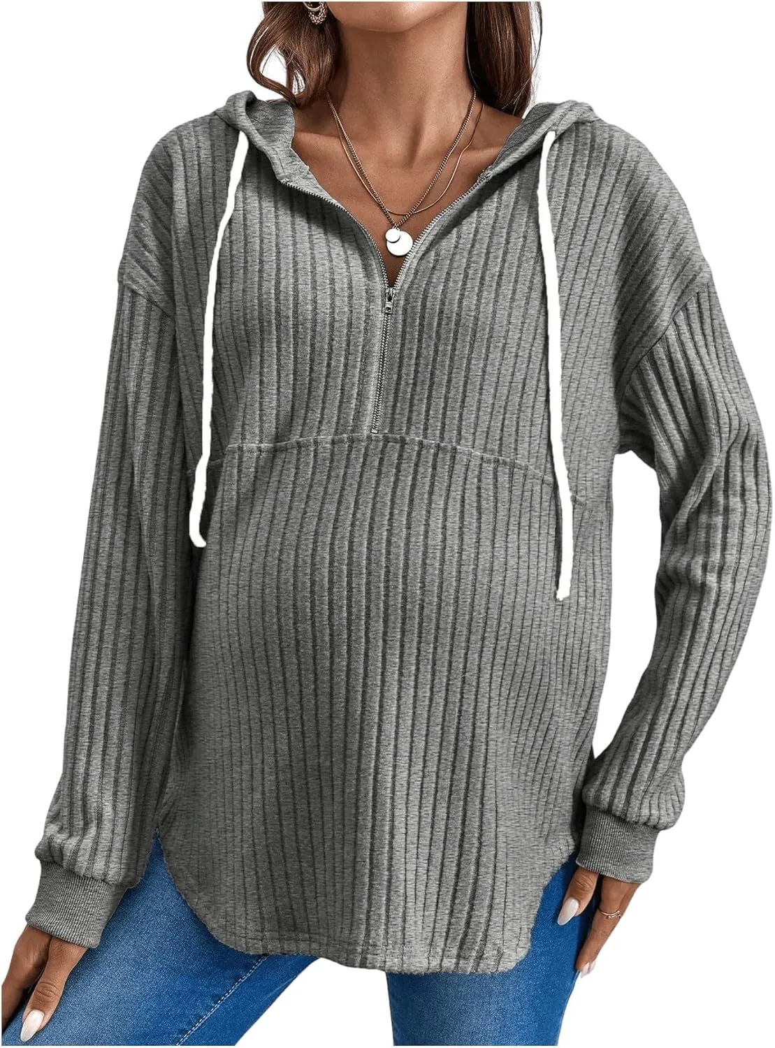 Women's Maternity Sweatshirts Long Sleeve Rib Knit Half Zip Up Hoodies Pullover Tops Fall Clothes