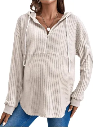 Women's Maternity Sweatshirts Long Sleeve Rib Knit Half Zip Up Hoodies Pullover Tops Fall Clothes