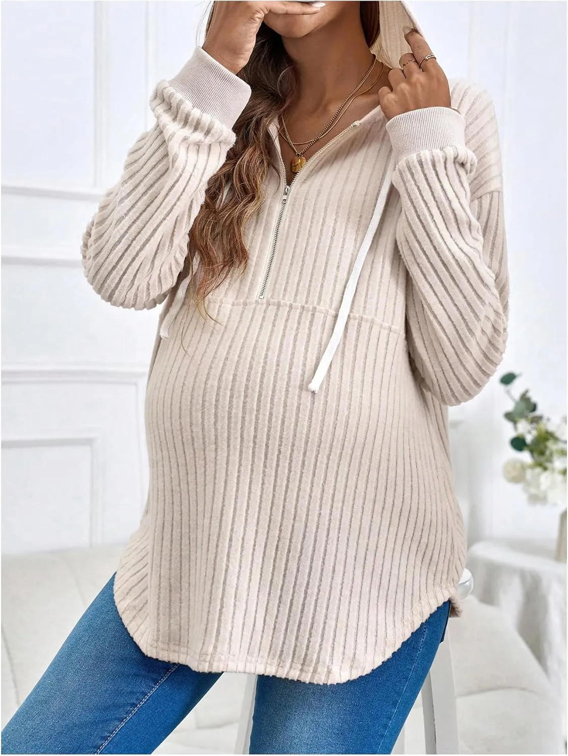Women's Maternity Sweatshirts Long Sleeve Rib Knit Half Zip Up Hoodies Pullover Tops Fall Clothes