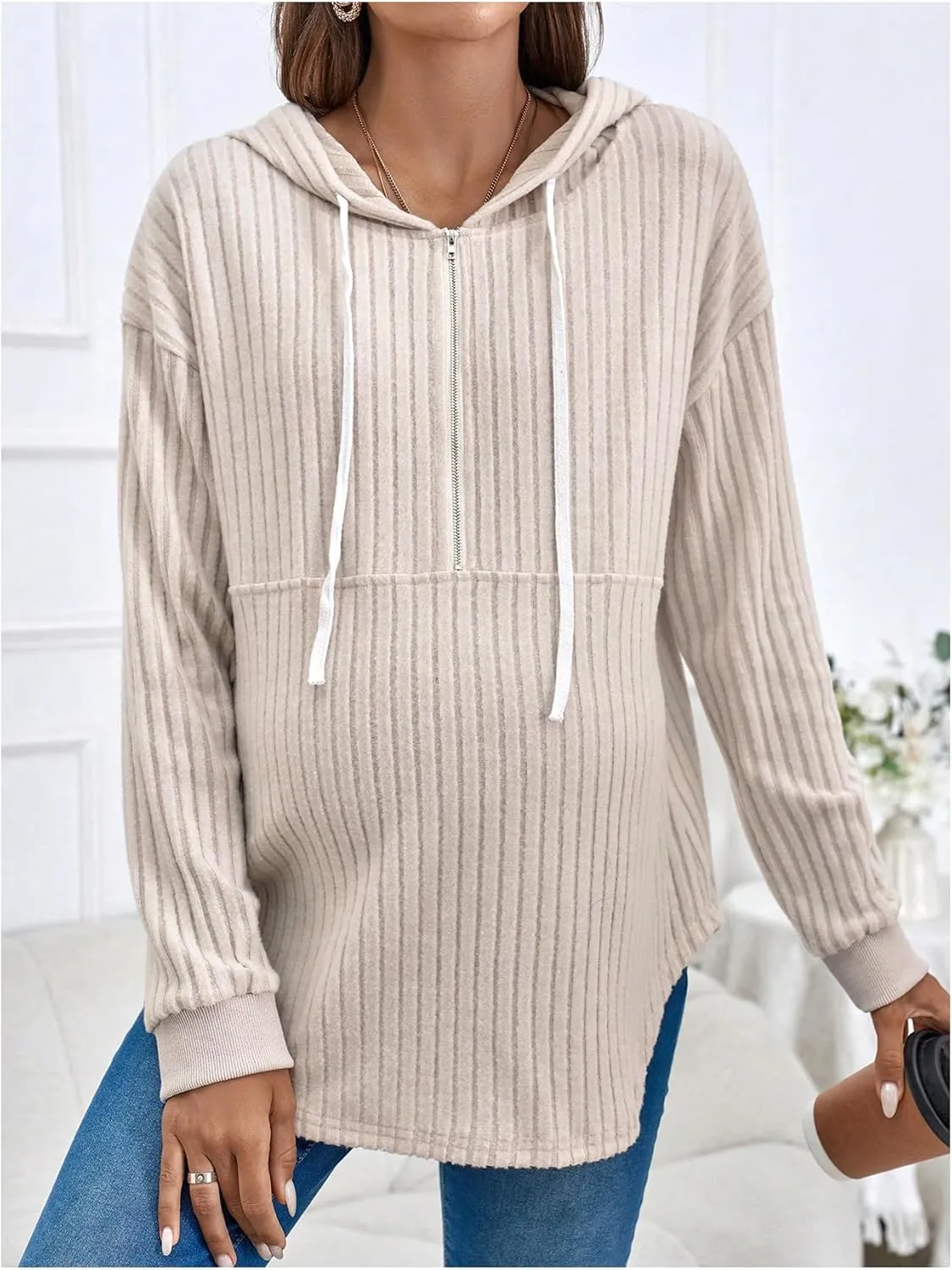 Women's Maternity Sweatshirts Long Sleeve Rib Knit Half Zip Up Hoodies Pullover Tops Fall Clothes