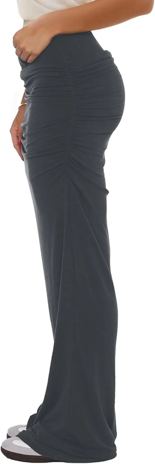Womens Maxi Skirt Low Waist Ruched Low-Rise Fit Solid Y2K Summer Casual Bodycon Tube Long Skirts