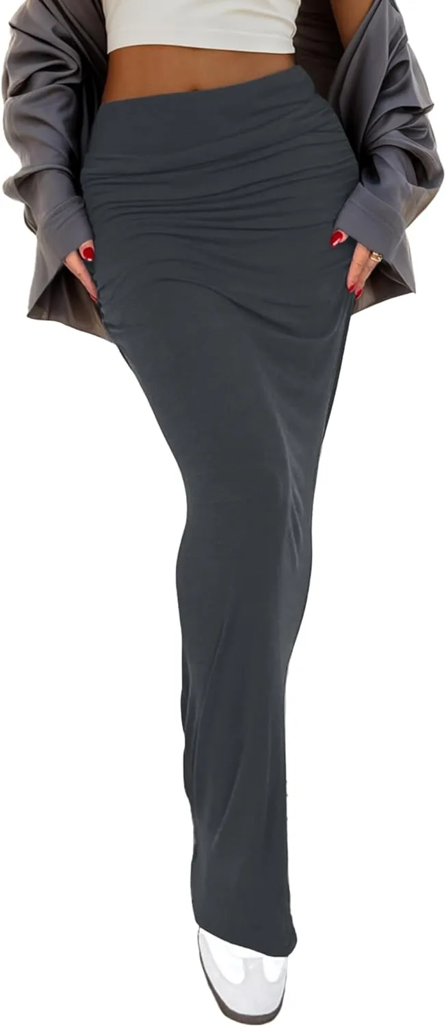Womens Maxi Skirt Low Waist Ruched Low-Rise Fit Solid Y2K Summer Casual Bodycon Tube Long Skirts