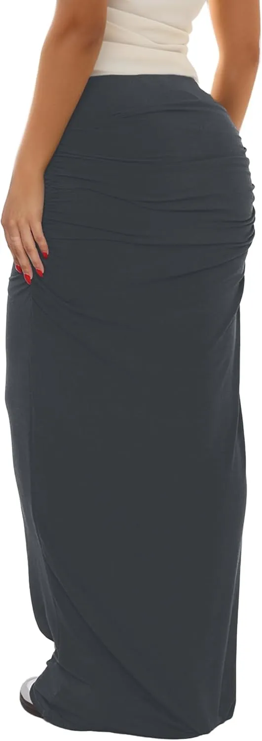 Womens Maxi Skirt Low Waist Ruched Low-Rise Fit Solid Y2K Summer Casual Bodycon Tube Long Skirts