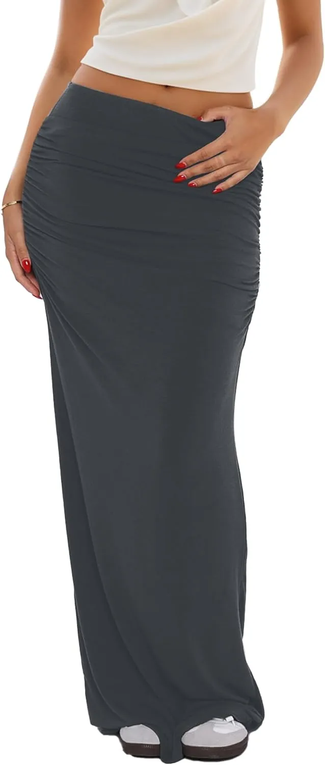 Womens Maxi Skirt Low Waist Ruched Low-Rise Fit Solid Y2K Summer Casual Bodycon Tube Long Skirts