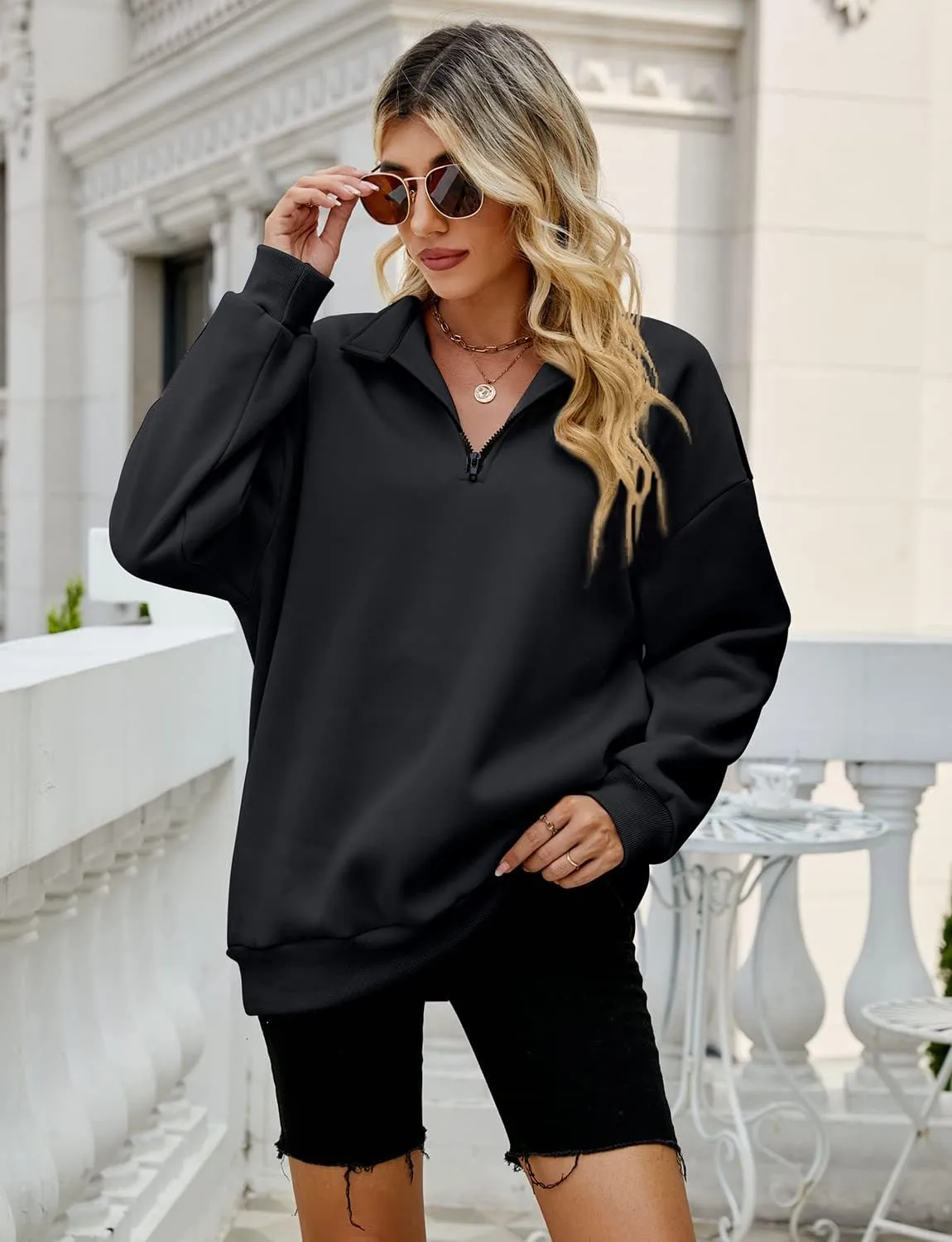 Womens Oversized Half Zip Pullover Quarter Zip Hoodie Lapel Neck Long Sleeve Sweatshirts Teen Girls Trendy Clothes