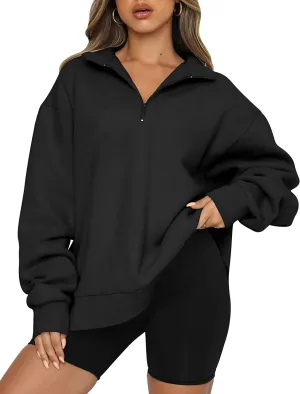 Womens Oversized Half Zip Pullover Quarter Zip Hoodie Lapel Neck Long Sleeve Sweatshirts Teen Girls Trendy Clothes