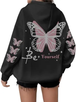Womens Plus Size Hoodie Long Sleeve Butterfly Print Loose Hooded Sweatshirt with Pocket Casual Streetwear Outfits