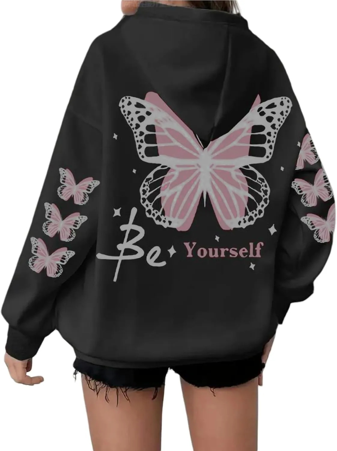 Womens Plus Size Hoodie Long Sleeve Butterfly Print Loose Hooded Sweatshirt with Pocket Casual Streetwear Outfits