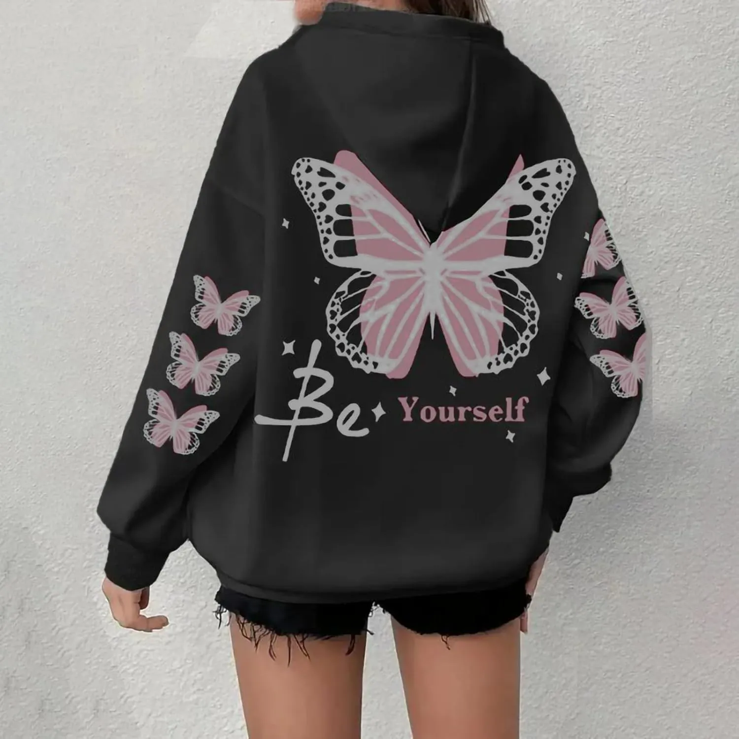 Womens Plus Size Hoodie Long Sleeve Butterfly Print Loose Hooded Sweatshirt with Pocket Casual Streetwear Outfits