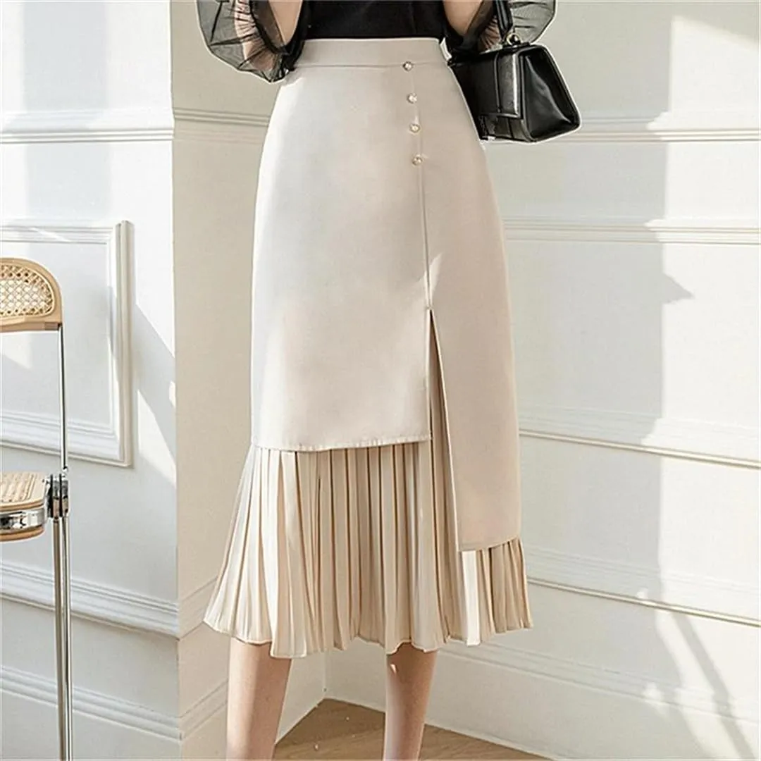Women's Solid Color High Waist Pleated Skirts Office Lady Mid Length Patchwork Casual Skirts