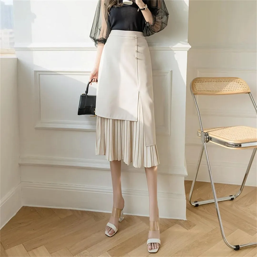 Women's Solid Color High Waist Pleated Skirts Office Lady Mid Length Patchwork Casual Skirts
