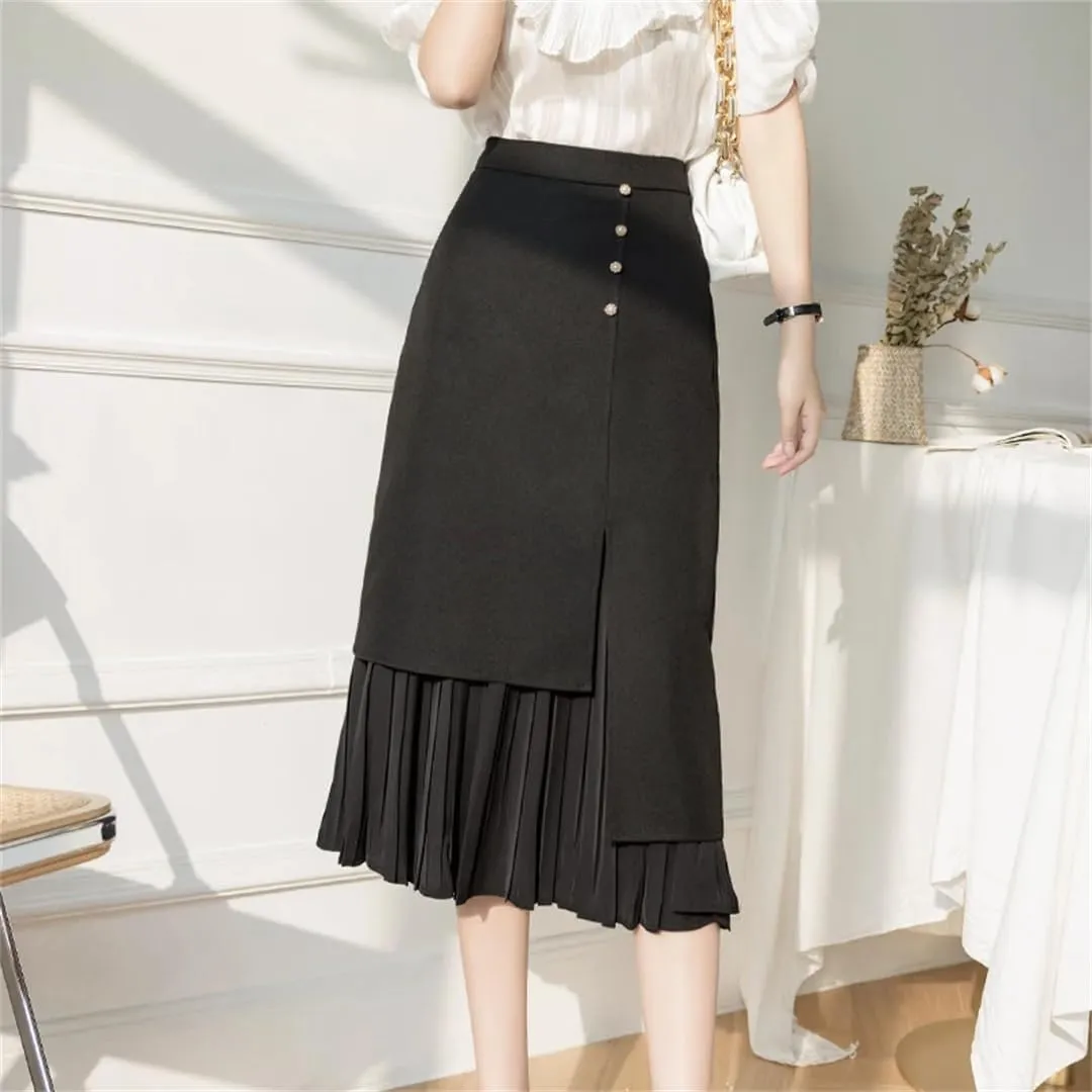 Women's Solid Color High Waist Pleated Skirts Office Lady Mid Length Patchwork Casual Skirts