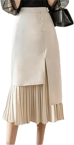 Women's Solid Color High Waist Pleated Skirts Office Lady Mid Length Patchwork Casual Skirts