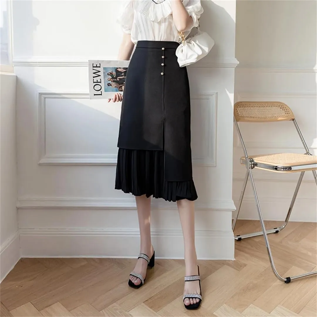Women's Solid Color High Waist Pleated Skirts Office Lady Mid Length Patchwork Casual Skirts