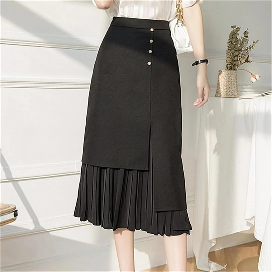 Women's Solid Color High Waist Pleated Skirts Office Lady Mid Length Patchwork Casual Skirts