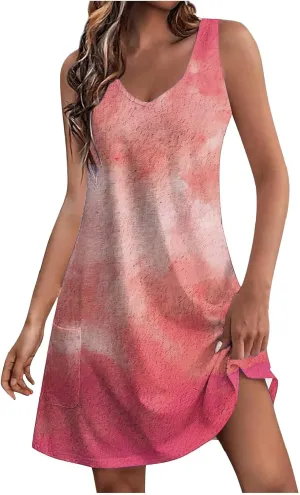 Womens Summer Dresses Loose V Neck Sleeveless Comfy Beach Dress with Pockets Floral Printed 2025 Fashion Sundresses