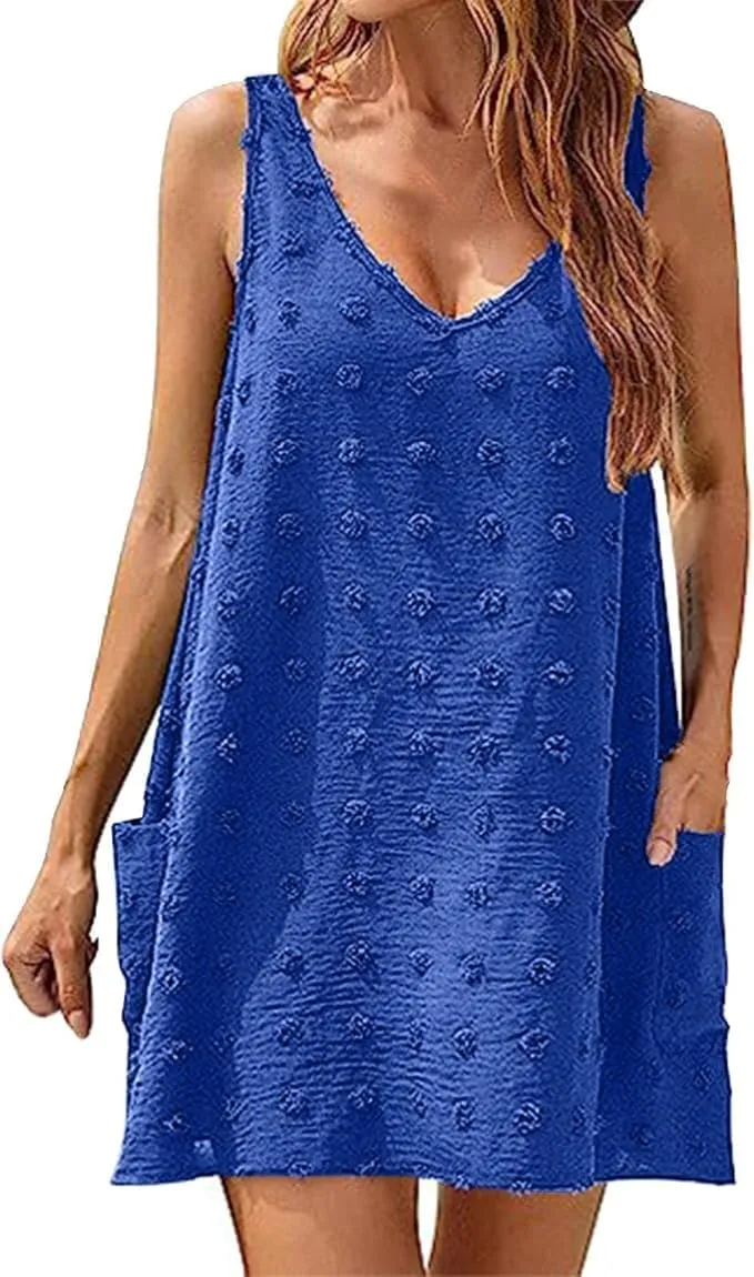 Women's Swiss Polka Dot Beach Cover Up Dresses Summer Vacation Swimsuit Tank Dress V Neck Sundress with Pockets