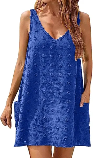 Women's Swiss Polka Dot Beach Cover Up Dresses Summer Vacation Swimsuit Tank Dress V Neck Sundress with Pockets