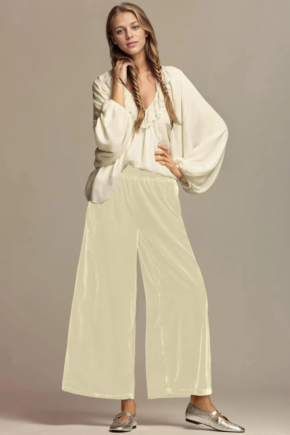 Women's Velvet Pants High Elastic Waist Wide Leg Long Pants Casual Lounge Palazzo Pants Vintage Loose Fit Trouser