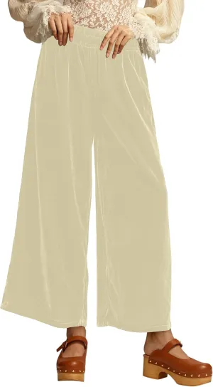 Women's Velvet Pants High Elastic Waist Wide Leg Long Pants Casual Lounge Palazzo Pants Vintage Loose Fit Trouser