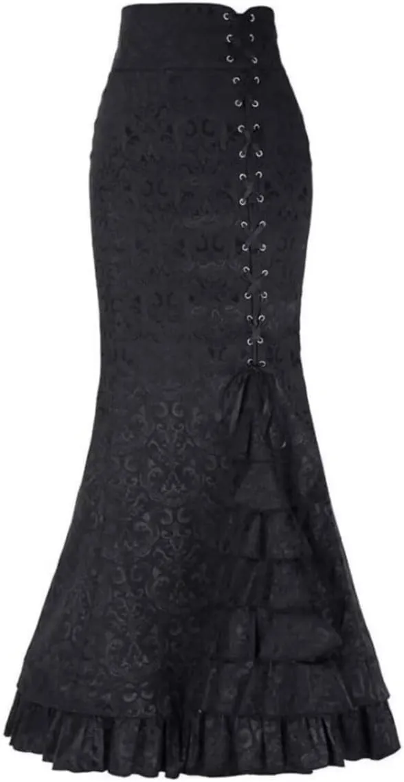 Women's Victorian Skirts Vintage High Waist Steampunk Long Fishtail Tiered Ruffle Mermaid Maxi Pencil Dress