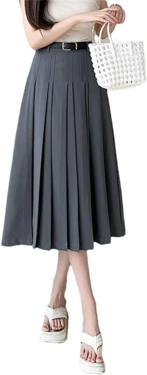 Women's Vintage Pleated Long Skirts Elegant Solid Color High Waist Casual Office Lady Skirts