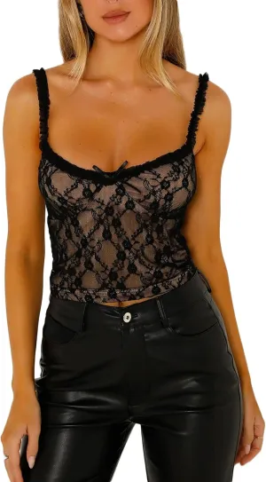 Women's Y2k Crop Tank Top Sexy Ruffle Strap Camisole Ruched Lace Cami Bustier Shirt Cute Going Out Tops