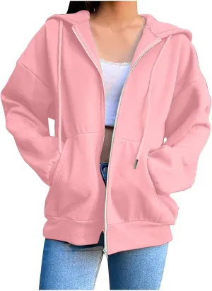Womens Zip Up Hoodies Long Sleeve Oversized Sweatshirts Fleece Jacket Pockets 2024 Fall Outfits Fashion Y2K Clothes