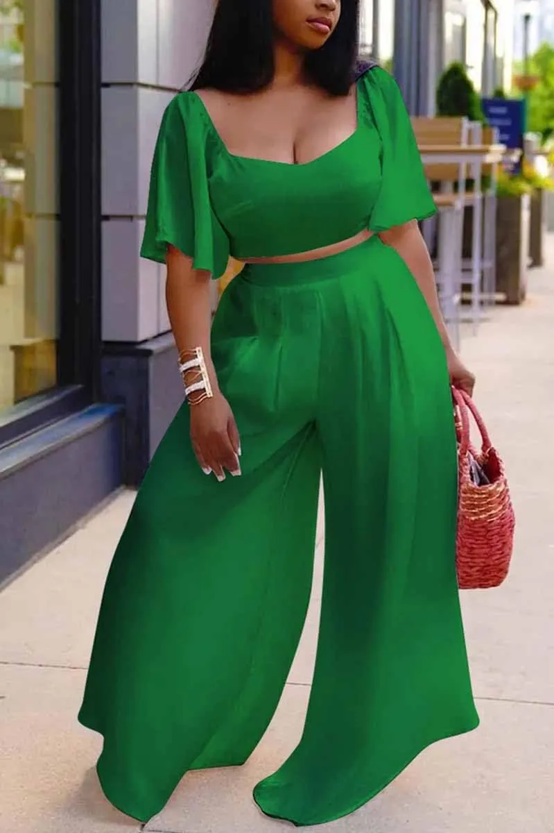 WUSENST Women's Summer 2 Piece Outfits 2025 Ruffle Sleeve Sweetheart Neck Crop Tops Wide Leg Pant Sets Casual Tracksuit