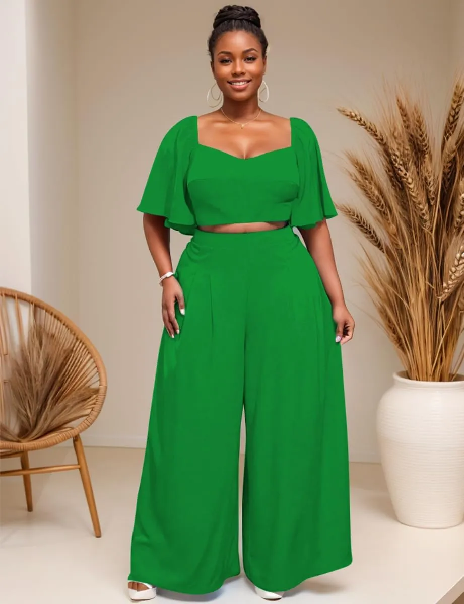 WUSENST Women's Summer 2 Piece Outfits 2025 Ruffle Sleeve Sweetheart Neck Crop Tops Wide Leg Pant Sets Casual Tracksuit