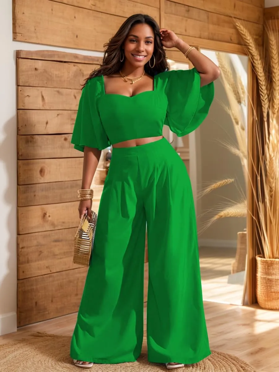 WUSENST Women's Summer 2 Piece Outfits 2025 Ruffle Sleeve Sweetheart Neck Crop Tops Wide Leg Pant Sets Casual Tracksuit