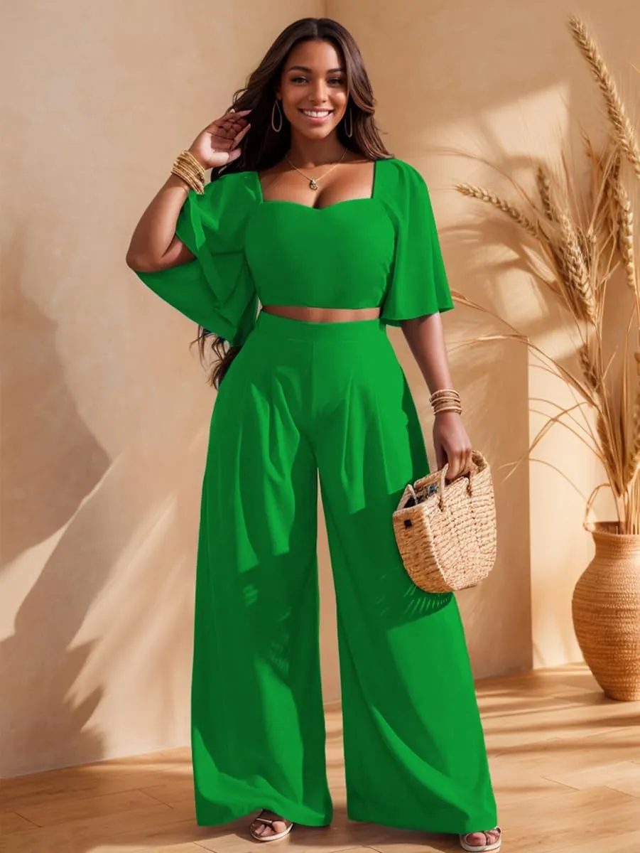 WUSENST Women's Summer 2 Piece Outfits 2025 Ruffle Sleeve Sweetheart Neck Crop Tops Wide Leg Pant Sets Casual Tracksuit