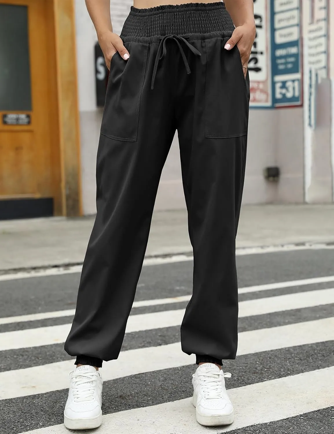 Wyeysyt Women's Casual Pants Elastic High Waist Harem Trousers with Pockets