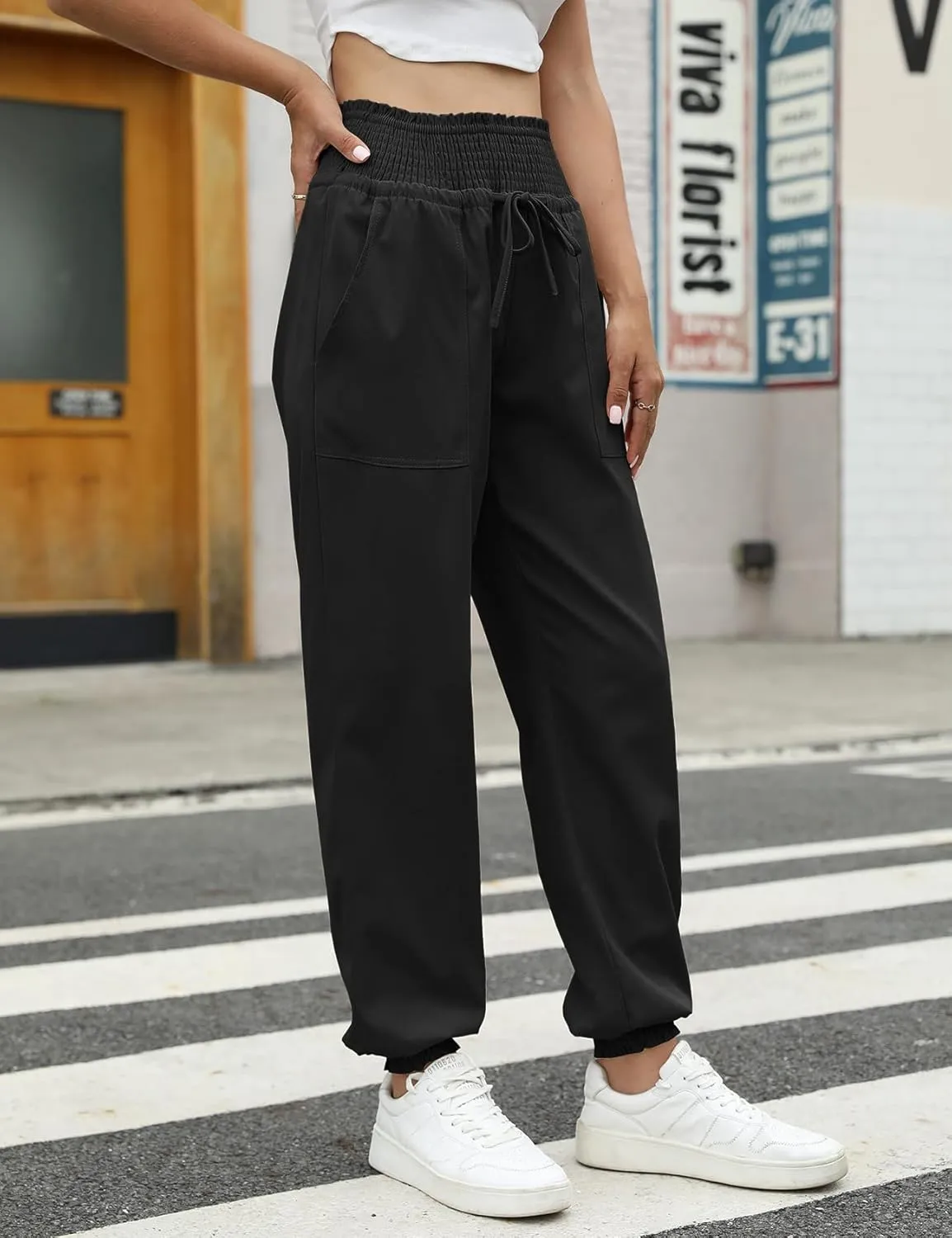 Wyeysyt Women's Casual Pants Elastic High Waist Harem Trousers with Pockets