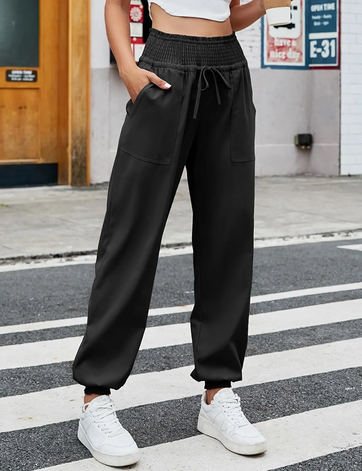 Wyeysyt Women's Casual Pants Elastic High Waist Harem Trousers with Pockets