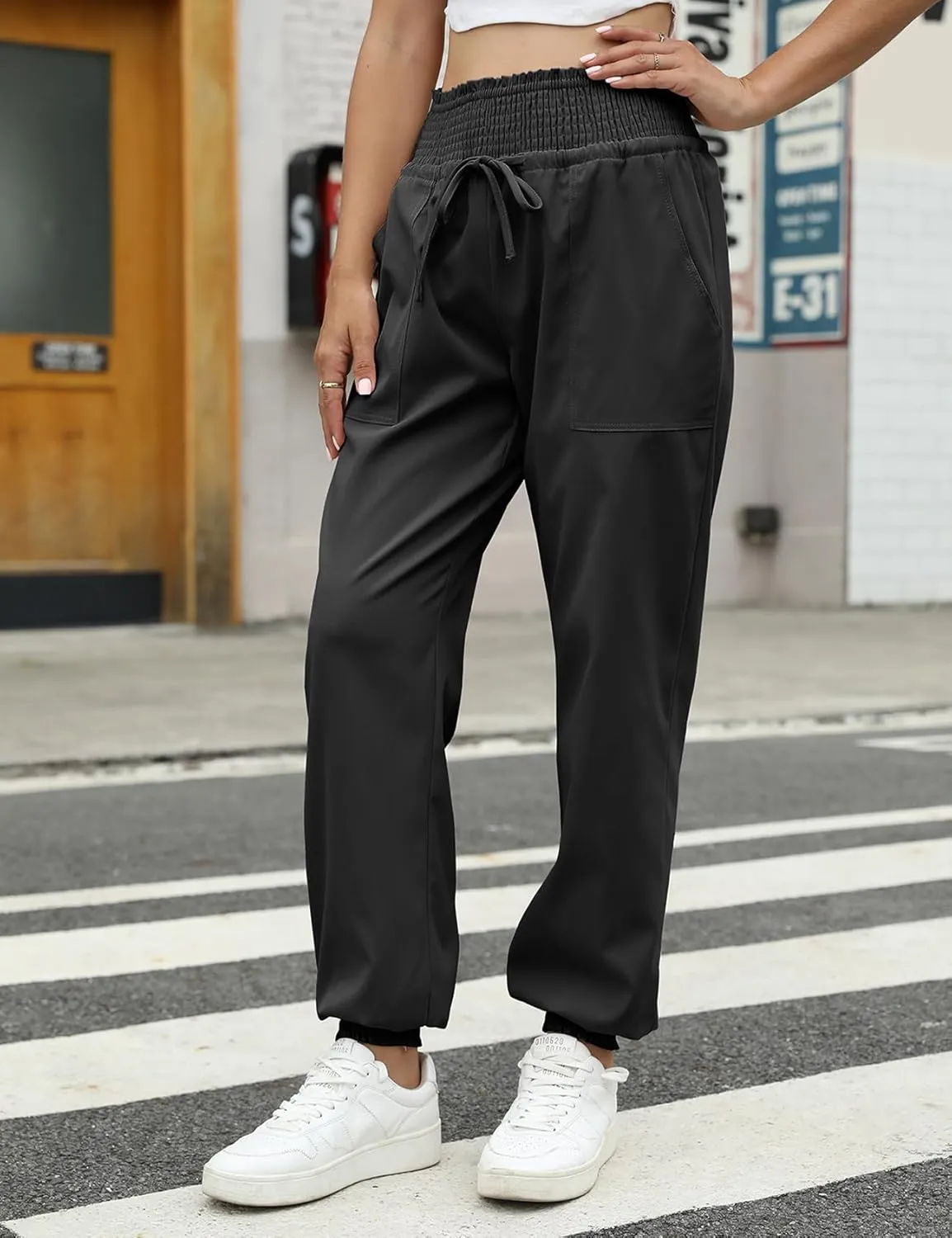 Wyeysyt Women's Casual Pants Elastic High Waist Harem Trousers with Pockets